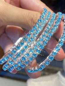 5pcs Sparkling Crystal Rhinestone Elastic Bracelets, Adjustable Party Blingbling Jewelry Gift For Women - Sky Blue - View 6