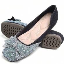 SAILING LU Square Toe Flats Shoes Rhinestoned Bowknots Ballet Flats For Women Studded Dress Shoes Comfort Light Weight LoafersChristmas - H-黑色 - 查看 2