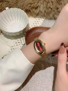 1pc Oval Bamboo Strap Women's Watch, Adjustable Gold-Tone Band, Elegant & Versatile Quartz Wristwatch, Suitable For Daily Wear, An Ideal Daily Matching Gift - Gold - View 3