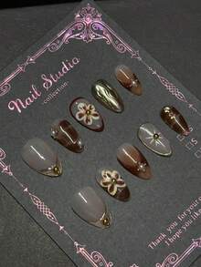 10片纯手工按压式可穿戴指甲，复古法式渐变杏仁可穿戴指甲，甜美酷炫气质动物元素，百搭可穿戴指甲，可拆卸重复使用，适合女性，适合度假或日常佩戴 - 巧克力棕 - 查看 3