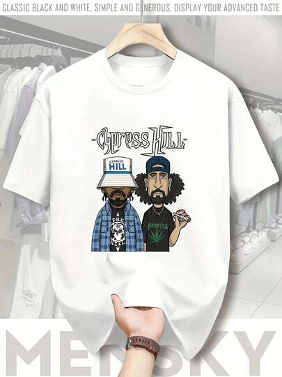 Camiseta Casual de Hombre con Gráfico de Ciervo - Camiseta de Verano de Manga Corta con Estampado "Cyprus Hill", Diseño en Blanco y Negro, Tela de Poliéster Ligera, Perfecta para Atuendo Casual, Camiseta de Uso Diario| Camiseta gráfica divertida| Ajuste cómodo