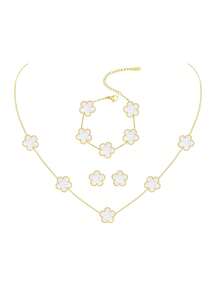 TONSI 一套时尚简约18K镀金不锈钢四叶草项链、手链、耳环首饰套装，适合女性日常佩戴和约会，五叶草贝壳项链 - 金色 - 查看 13