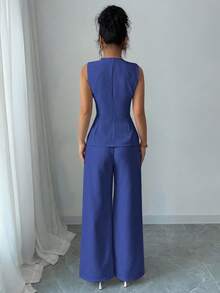 2 件套女士纯色单排扣金属纽扣圆领背心和裤子休闲宽松西装