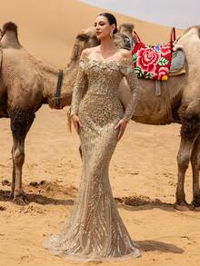 Faeriesty Glamour Luxe Mermaid Evening Gown With Sequin & Bead Embellishments, Open Shoulder Design & Floral Shoulder Accents – Fish-Tail Silhouette For Weddings, Red-Carpet Events, Evening Galas & Award Ceremonies New Year Outfit - Champagne - View 3