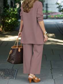 三件套加大码女式休闲纯色套装：外套/开衫 + 圆领无袖上衣 + 松紧腰直筒裤，通勤套装，春/秋/冬优雅百搭 - 藕粉紅色1 - 查看 2