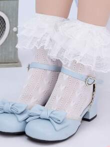 1 双女士可爱蕾丝荷叶边蝴蝶结设计三层袜子，日式情人节 - 白色 - 查看 6