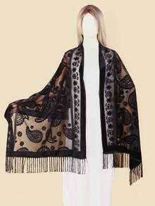 1pc Women's Classic Retro Paisley Pattern Tassel Velvet Shawl, Fashionable & Elegant Holiday Dress, Party, Wedding Shawl, Multifunctional Outerwear, Decorative Long Scarf