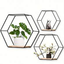 1 pièce/2 pièces Set Étagère murale hexagonale noire simple avec base en bois, étagère murale en métal creux, étagère murale en fer forgé géométrique créative, étagère murale hexagonale en fer anti-rouille, forme géométrique noire moderne avec étagère en bois massif Décoration murale de rangement