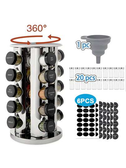 Carosello porta spezie girevole a 360° in acciaio inox con 20 barattoli porta spezie (senza contenuto, rotondo, girevole a 360°, porta spezie da cucina girevole in acciaio inox 430, barattoli shaker, fogli per etichette, carosello porta spezie in acciaio inox, organizer per spezie, porta spezie, in piedi, barattoli porta spezie con inserto shaker, barattoli porta spezie