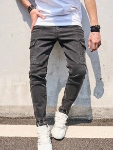 男士弹力黑色经典修身牛仔裤，男士弹力黑色破洞牛仔裤 - 黑色 - 查看 3