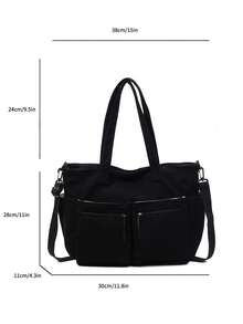 1 pieza Bolso de tela grande y versátil de estilo minimalista y de moda, con múltiples bolsillos prácticos, gran capacidad, adecuado para la escuela, la universidad, el trabajo y el uso casual, bolso de hombro para mujer - Negro - Ver 11