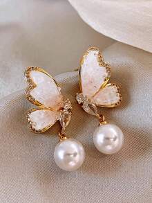 1 Pair Korean Elegant Pearl Flower Vintage Stud Earrings, Niche Personalized Versatile Jewelry Accessories - 蝴蝶型 - 查看 7