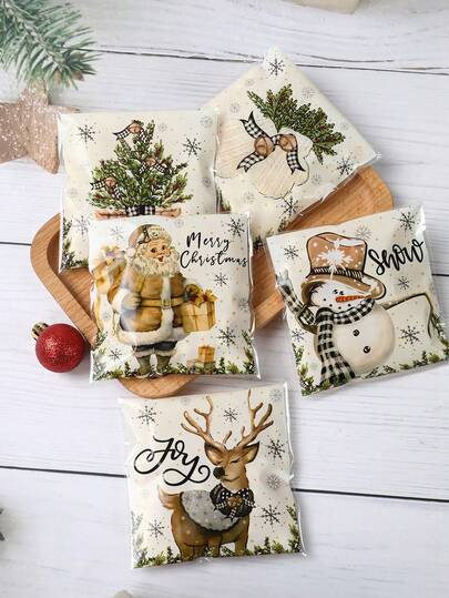 100pcs Festive Christmas Cartoon Gift Bags,Christmas Self-Adhesive Treat Bags,Santa Claus Snowman Reindeer Pattern Plastic Snack Packaging Bags,Christmas Gift,Xmas Party Present,Holiday Party Favor Bags,Merry Christmas Candy Bags,Christmas Decoration,Xmas Decor