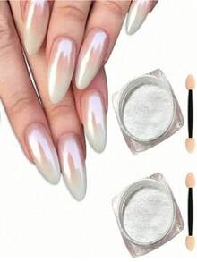 2 盒珍珠白指甲闪光粉镀铬，Y2K 2 件月光白镀铬粉颜料，用于釉面甜甜圈美甲，月光粉镜面效果闪光 2 件眼影棒 DIY 指甲饰品指甲宝石美甲用品 - 彩色 - 查看 2
