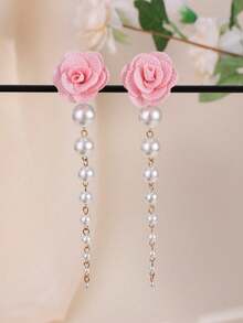 NAIZHU 1 Cặp hoa hồng thanh lịch và hoa ngọc trai giả tua rua hoa tai cho phụ nữ, phụ kiện tiệc tùng - Hồng - Xem 3