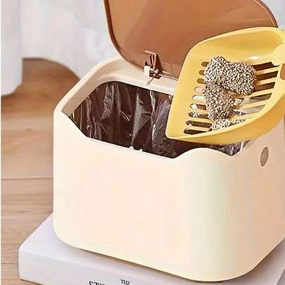 1pc/2pcs Mini Trash Can, Automatic Closing Lid With Scoop Slot, Effectively Prevents Litter Box Odor, Beige/Ivory Color Options, Convenient For Cleaning Cat Litter Box, Ideal For Indoor Cats And Pet Owners, Neutral Home Decor Style