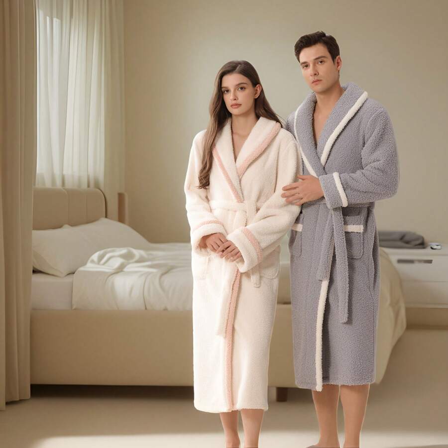 Bata de baño de felpa de nube gruesa de estilo INS nuevo para otoño/invierno, unisex, chal suave y esponjoso, cuello de solapa, pijama de peluche de manga larga para sanar