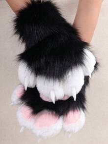 A Pair Of Furry Cat, Fox Paw Gloves - Suitable For Cosplay Halloween Fur Role Play, Rave Party Outfit Accessories And Animal Costume Set Accessories