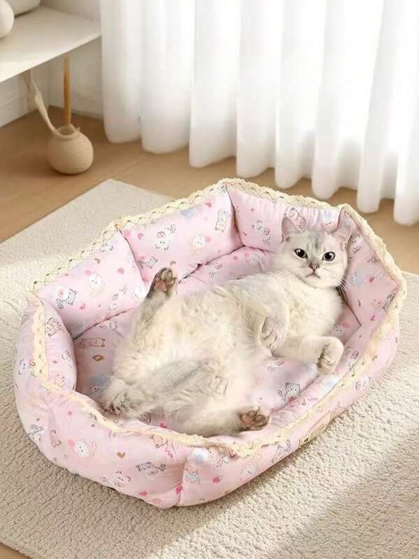 Tapis surélevé pour animaux de compagnie de style princesse avec bordure florale anti-vent, lit pour petits/moyens chiens et chats