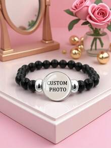 Spersonalizowana bransoletka ze szkła fotograficznego dla mężczyzn – personalizowana w stylu vintage, lśniący czarny łańcuszek z koralików, wyjątkowy prezent na urodziny, rocznicę, bransoletka z wisiorkiem, biżuteria rocznicowa, dodatek vintage, gładkie metalowe koraliki, świetny prezent dla chłopaka/dziewczyny/najlepszego przyjaciela/rodziny, na Święto Dziękczynienia, Boże Narodzenie, Nowy Rok - Wielokolorowe - Zobacz 4
