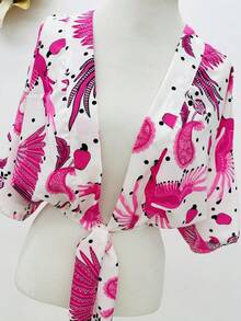 KISTYLE Crepe Blouse With Batwing Sleeves And Tie - Hot Pink - View 2