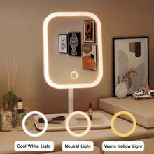 1 pieza Espejo de maquillaje LED con base giratoria y panel - Brillo ajustable, control táctil, espejo de tocador alimentado por USB con almacenamiento, caja de cosméticos portátil, regalo para mujeres - 2 colores disponibles