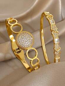 18K 镀金不锈钢奢华优雅几何锆石手镯套装，适合女士，钻石切割珠宝妈妈礼物圣诞节感恩节万圣节婚礼珠宝周年纪念情人节波西米亚珠宝日常派对 - 彩色 - 查看 2