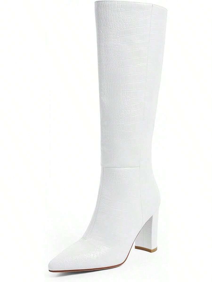Women's Knee High Riding Boots - Tall, Long Calf High GoGo Chunky Faux Boots - Block Heel Pointed Toe - Size 6-11, Fashionable, 2025 Style - White - View 1