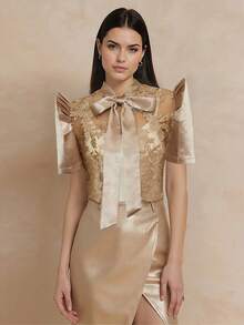 Amyenjoylife Modern Filipino Style, Elegant Embroidered Floral Puff Sleeve Short Jacket - Coffee Brown - View 1