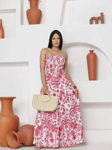 July Tropical Strapless Dress In Various Prints, 2025 Collection - Tropical Pink - View 1