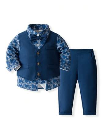 3pcs Spring/Autumn Boys Suit Set, Stylish, Long Sleeve Printed Shirt + Vest + Trousers, Suitable For Weddings, Birthdays, Festivals, Stage Performances