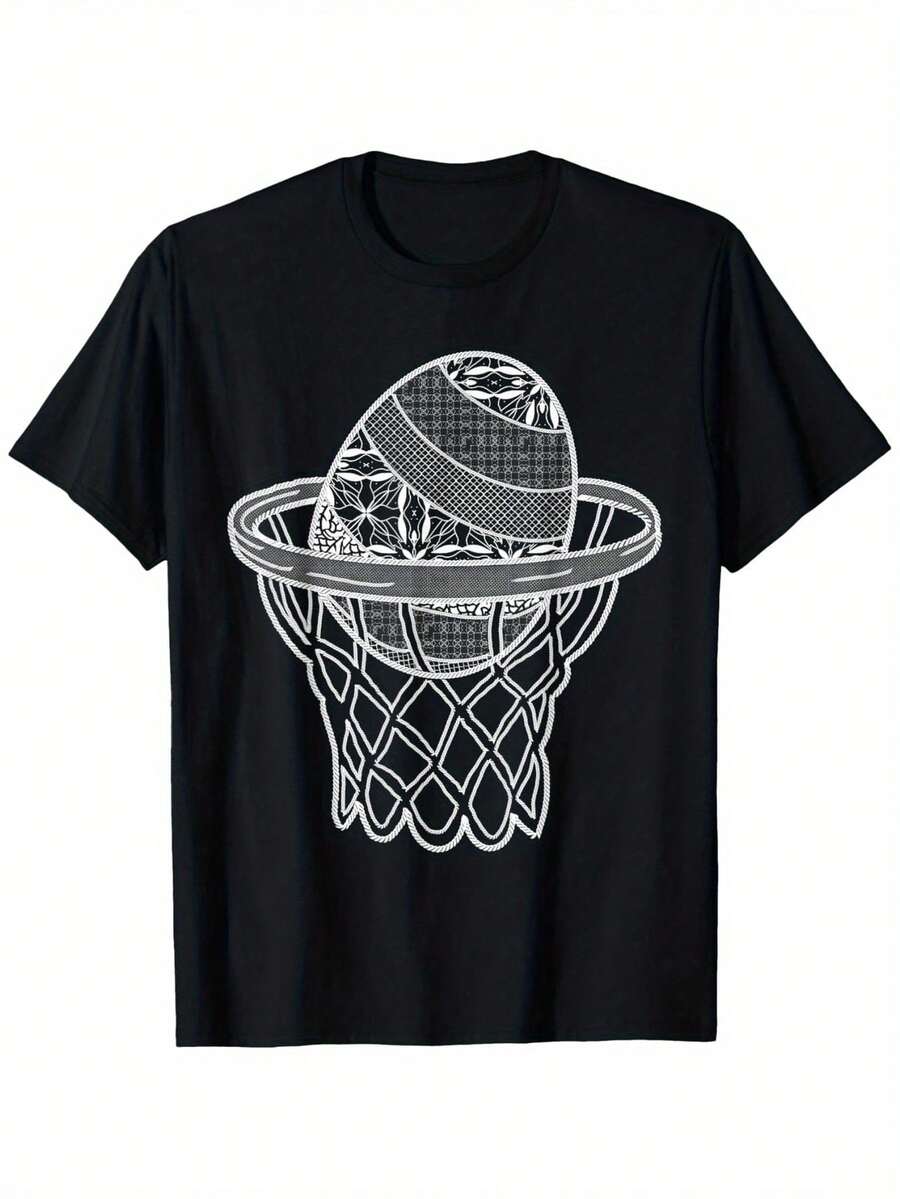 Camiseta gráfica de baloncesto de Pascua para hombres y mujeres - Diseño divertido de huevo de Pascua en canasta - Camiseta de algodón pesado de 180gsm - Camiseta negra con impresión blanca - Tallas S-- Ropa deportiva para de Pascua - Regalo perfecto de Pascua para fanáticos del baloncesto Ropa Casual. Diseño Juguetón. Tela duradera - Negro - Ver 1