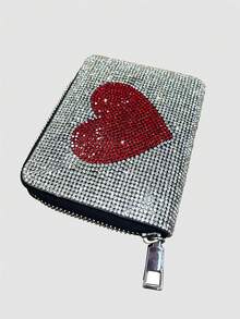 Large Heart Rhinestone PU Short Wallet Copper Zipper Card Holder Mini Pouch 2-In-1 Leather Clutch Purse Mini Wallet Birthday Valentine's Day Christmas Gift Wallet For Women Wallet Purse Wallet Fall Small Wallet Cute Wallet