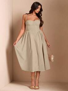 Women's Solid Color Strapless Dress, Inspired By Vintage Style, With A Shaping Bustier Design, Suitable For Everyday Wear Or As A Special Occasion Dress. - 卡其色 - 查看 6