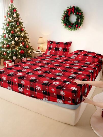 2/3pcs/Set Christmas Bow Reindeer Christmas Tree Print Fitted Sheet Set Without Filler, Fitted Sheet Set For Bedroom Brushed Microfiber Breathable Comfortable 1pc Mattress Cover With 1/2pcs Pillowcase, Bed Cover Set King Queen Full Twin Size Fitted Sheet Set For Bedroom Breathable Comfortable Sheet Bedspread Deep Pocket Up To 11.8 Inch Breathable Wrinkle-Free Better For Sleep, Machine Washable,Christmas Bedding Gift