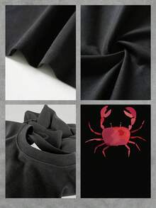 Camiseta gráfica moderna para mujer con ilustración de cangrejo divertido, cómoda camiseta de verano de mezcla de algodón, camiseta informal de manga corta con cuello redondo para un estilo diario, diseño único. - Negro - Ver 4