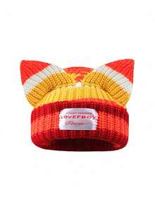 1pc Women's Knitted Hat, Cute Cat/Rabbit Ear Design, Warm Beanie Cap, Suitable For Autumn/Winter Everyday & Outdoor Use (Slight Variation In Stripe Placement) - Multicolor - View 6