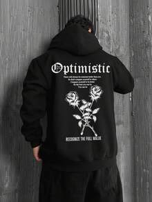 男士秋冬街头时尚乐观玫瑰印花黑色连帽卫衣，长袖上衣 - 黑色 - 查看 5