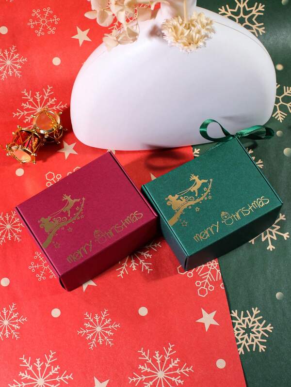 5pcs Christmas Gift Boxes With Sleigh Print And "Merry Christmas" Lettering, Red And Green Rectangular Candy Cookie Packaging Box, Elegant Favor Box For Holiday Party, Wedding, Birthday, Table Decoration, Creative Paper Gift Wrapping Box