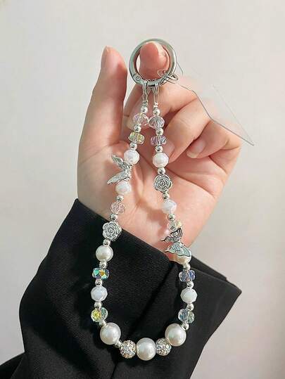 1pc Alloy White Pearl & Silver Butterfly Beaded Chain, Luxury Crystal Phone Lanyard, Bracelet Style Phone Strap, 2024 New Women Bag Charm & Phone Accessory, Comes With Cushion Pad