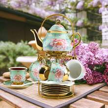 Vintage Floral Porcelain Tea Set 20-Piece With Gold-Rimmed Teapot, 6 Cups, Saucers, Spoons & Metal Stand – Afternoon Tea, Garden Party, Wedding, Bridal Shower, Holiday Gift, Thanksgiving & Christmas Table Decor - Green - View 1