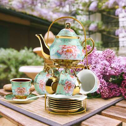 Juego de té de porcelana con flores vintage de 20 piezas con tetera con borde dorado, 6 tazas, platillos, cucharas y soporte de metal - Té de la tarde, fiesta de jardín, boda, despedida de soltera, regalo festivo, decoración de mesa de Acción de Gracias y Navidad