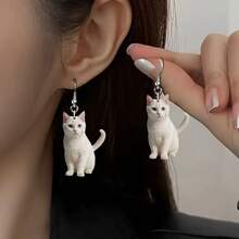 1 Pair Cute 2D Acrylic White Cat Cartoon Earrings, Suitable As Gift