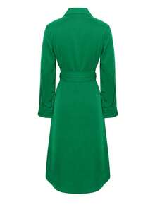 女式优雅纯色翻领前扣系腰衬衫连衣裙，秋冬