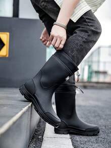 Fashionable Waterproof Rain Boots, Unisex Drawstring Mid-Calf Delivery Rider Work Boots, Thick Sole Anti-Slip Rubber Shoes