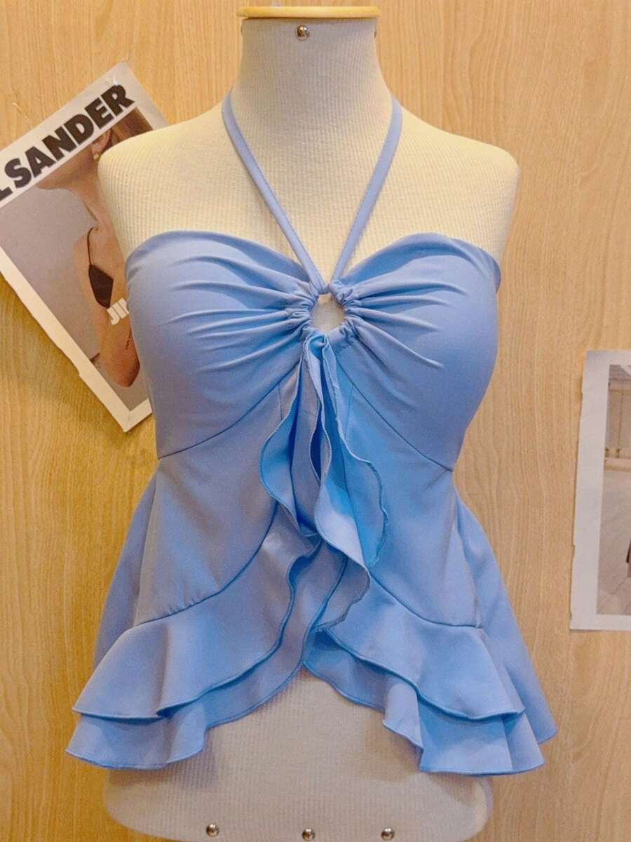 Butterfly Cropped Blouse With Ruffled Neck Tie - Blue - View 1