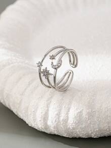 1pc Silver-Color Cubic Zirconia Star & Moon Design Adjustable Ring, Luxury Crystal Ring For Women - Silver - View 2