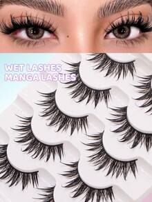 FindLove 5 Pairs Wet Lashes 10-18mm Manga Lashes Spiky Thick Fluffy Style False Eyelash Wet Look Lashes Moist Faux Mink Lashes Fluffy Messy Eyelash Extensions Long Curling Dramatic Individual Lash Clusters For Holiday Parties Halloween Christmas False Eyelashes Makeup Tools - Black - View 1