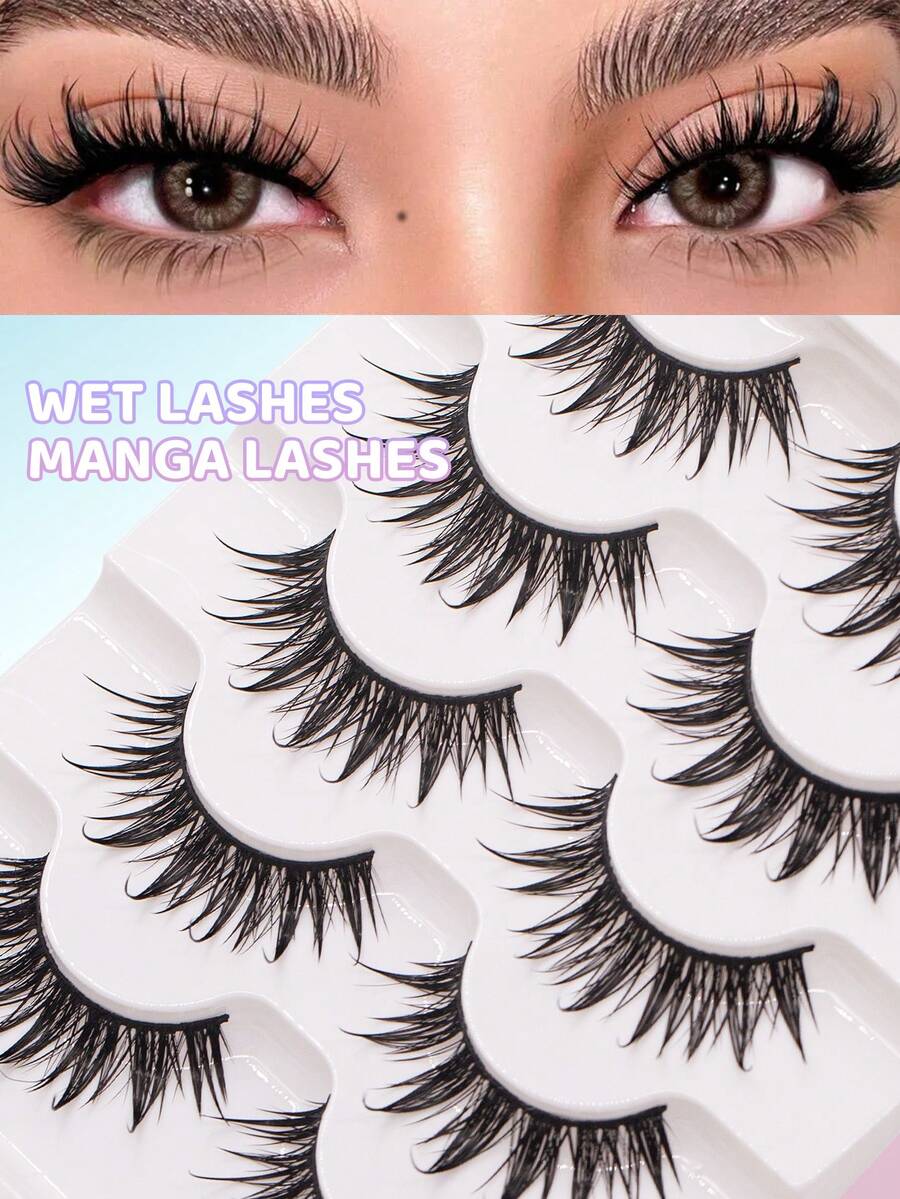 FindLove 5 Pairs Wet Lashes 10-18mm Manga Lashes Spiky Thick Fluffy Style False Eyelash Wet Look Lashes Moist Faux Mink Lashes Fluffy Messy Eyelash Extensions Long Curling Dramatic Individual Lash Clusters For Holiday Parties Halloween Christmas False Eyelashes Makeup Tools - Black - View 1