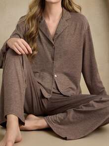 Anewsta Leisure Lapel Collar Button Front PJ Set Holiday Season, Winter Clothes - Coffee Brown - View 1